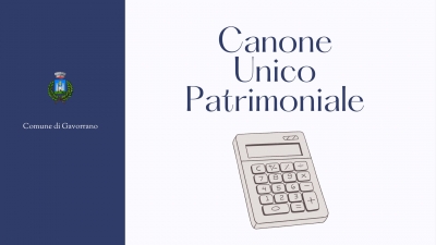 sulla sinistra rettangolo blu con logo comune e scritta comune di gavorrano, in centro rettangolo bianco, scritta canone unico patrimoniale e calcolatrice