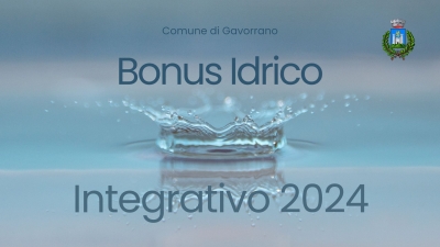 sfondo celeste con goccia d'acqua, stemma comune di gavorrano, scritta in blu Bonus idrico integrativo 2024
