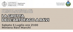 logo università di firenze, logo comune di gavorrano, scritta vivere in maremma nel pleistocene superiore, la grotta dell'artofago a ravi