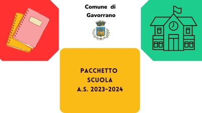logo comune, libri stilizzati, scuola stilizzata, scritta pacchetto scuola 2023/2024