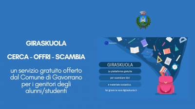 sfondo blu, logo del comune, sulla destra immagine di zaino con libri e materiale scolastico