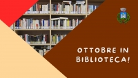 immagine scaffali con libri, scritta ottobre in biblitoeca, logo comune di gavorrano