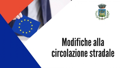 Logo comune - scritta modifiche circolazione stradale, triangolo rosso, triangolo blu, insieme di cartelli stradali 
