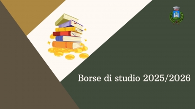 libri di testo sopra soldi, scritta borse di studio, logo comune di gavorrano