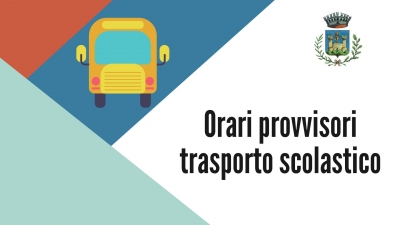 triangolo rosso alto a sx, triangolo celeste basso sx, disegno frontale scuolabus, logo comune di gavorrano in alto a dx, scritta Orario provvisori trasporto scolastico