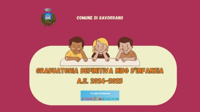 sfondo color amaranto, logo comune di gavorrano, graduatoria definitival nido d'infanzia a.e. 2024-2025, logo nido paese dei balocchi